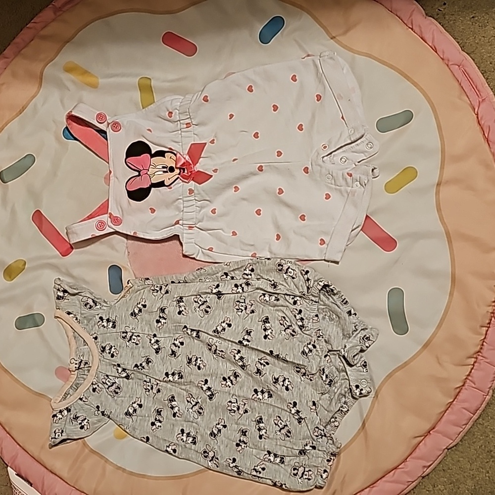 12m Disney Baby set of 2 Minnie Mouse romper and overalls.